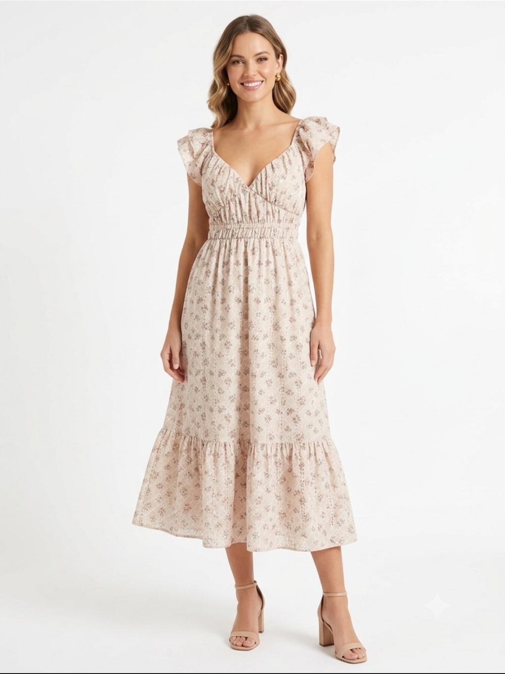 Altar'd State Cream Floral Maxi Dress with Ruffle Shoulders Size L